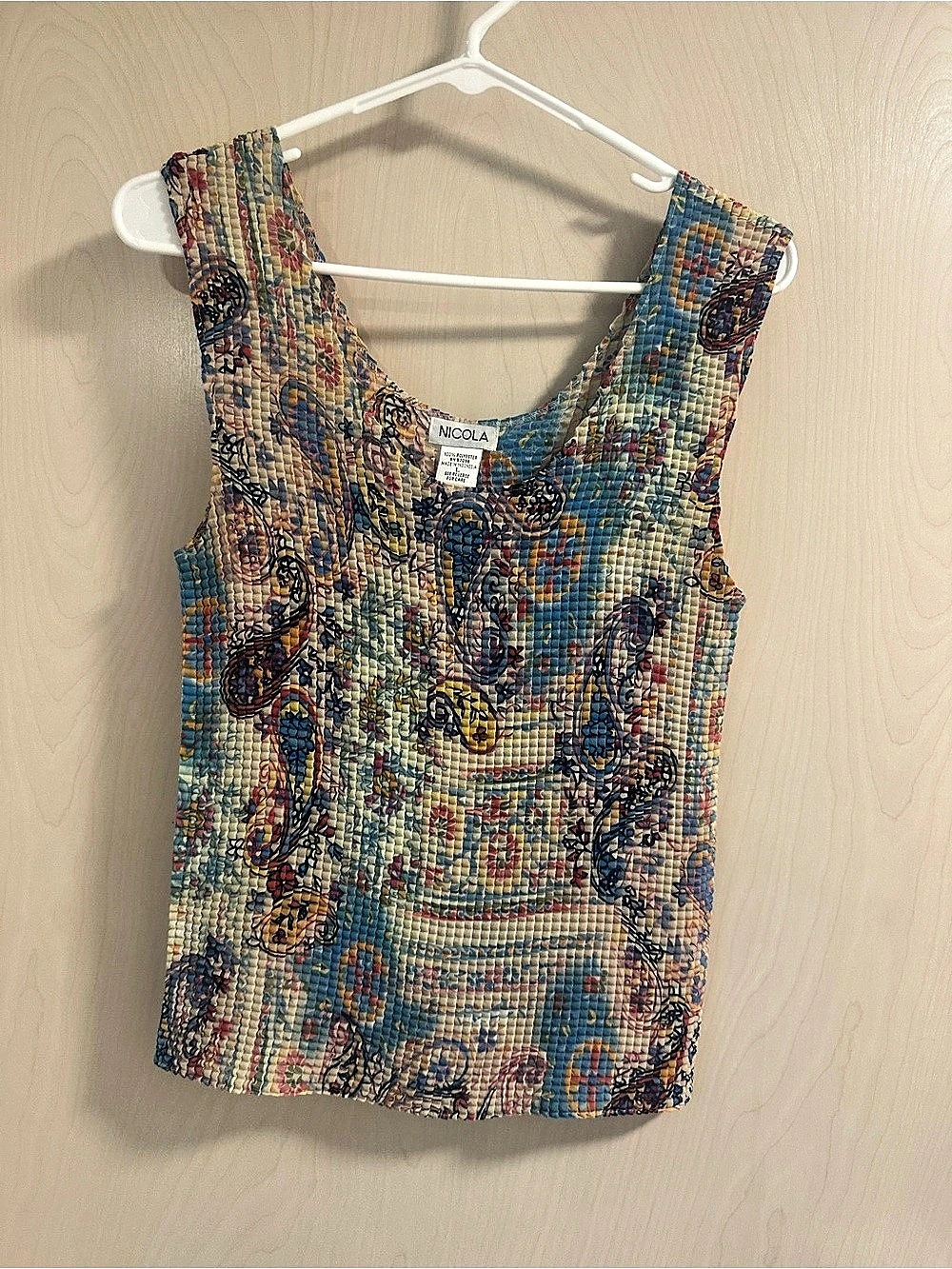 Popcorn Top Sleeveless Tank Paisley Abstract Crinkle Stretch Y2K Women Large